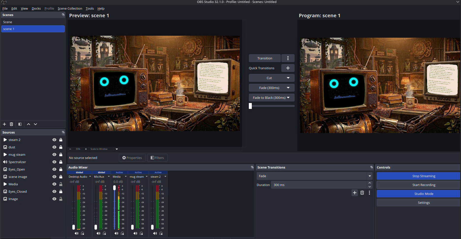 The final output was not just a raw video feed. It was staged as a continuous broadcast with a custom room scene and avatar-driven presentation. Final livestream scene with the generated content playing inside the broadcast layout